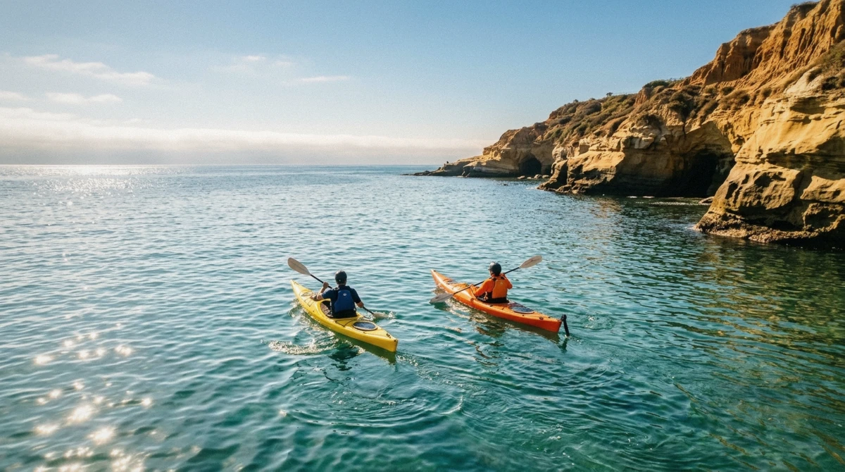 Calm glassy morning water at the La Jolla sea caves compared with a choppier winter swell, showing the best time to kayak in La Jolla