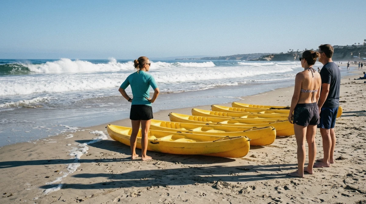 Whitecaps and a stiffening onshore wind over the water at the La Jolla Shores kayak launch on a marginal morning for a kayak tour