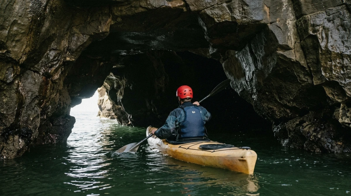 A kayaker in a safety helmet paddling into a La Jolla sea cave on the La Jolla sea cave kayak tour of the seven caves, San Diego