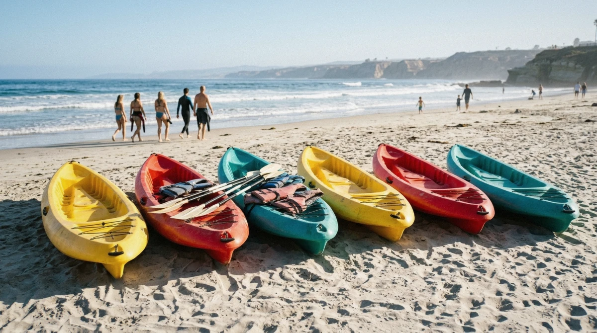 A kayak and paddle being handed over at a rental counter near the launch, the real cost of a La Jolla kayak tour before you even reach the water