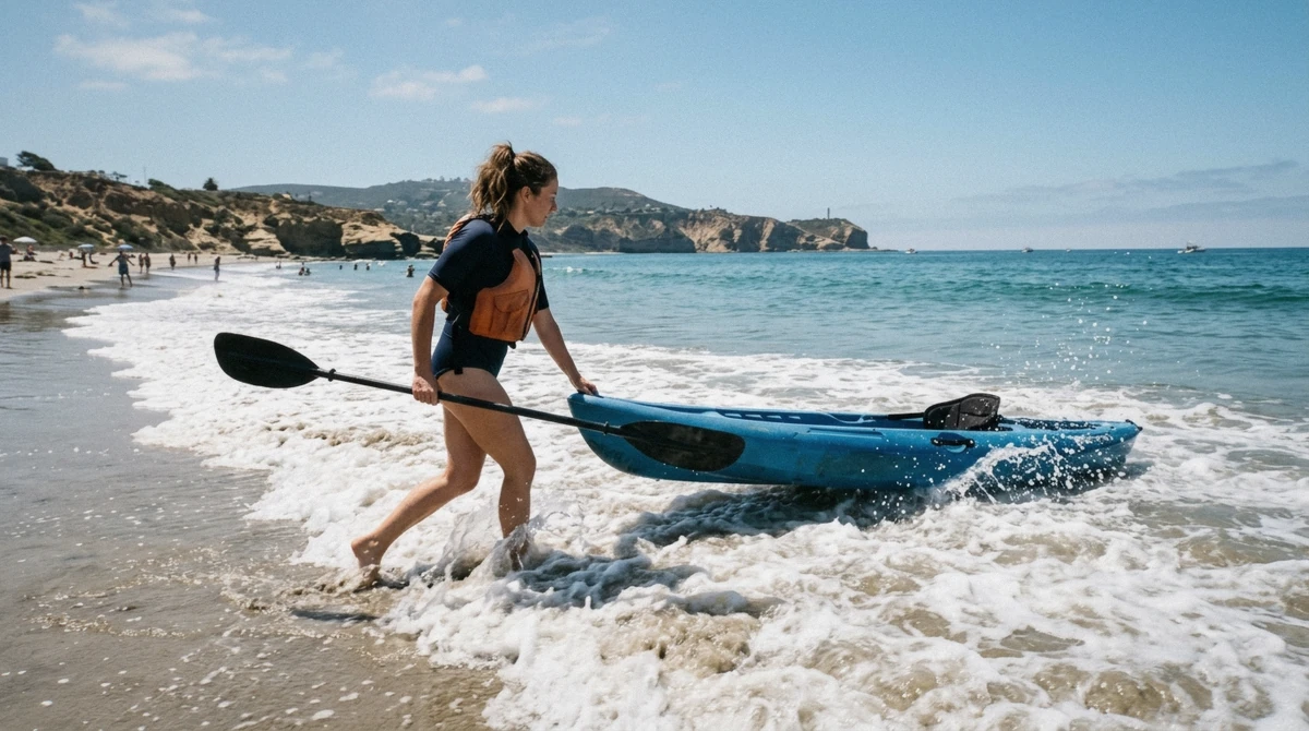 A person carrying a rented kayak down to the beach entry at La Jolla Shores, the self-guided way to go kayaking in La Jolla without a tour