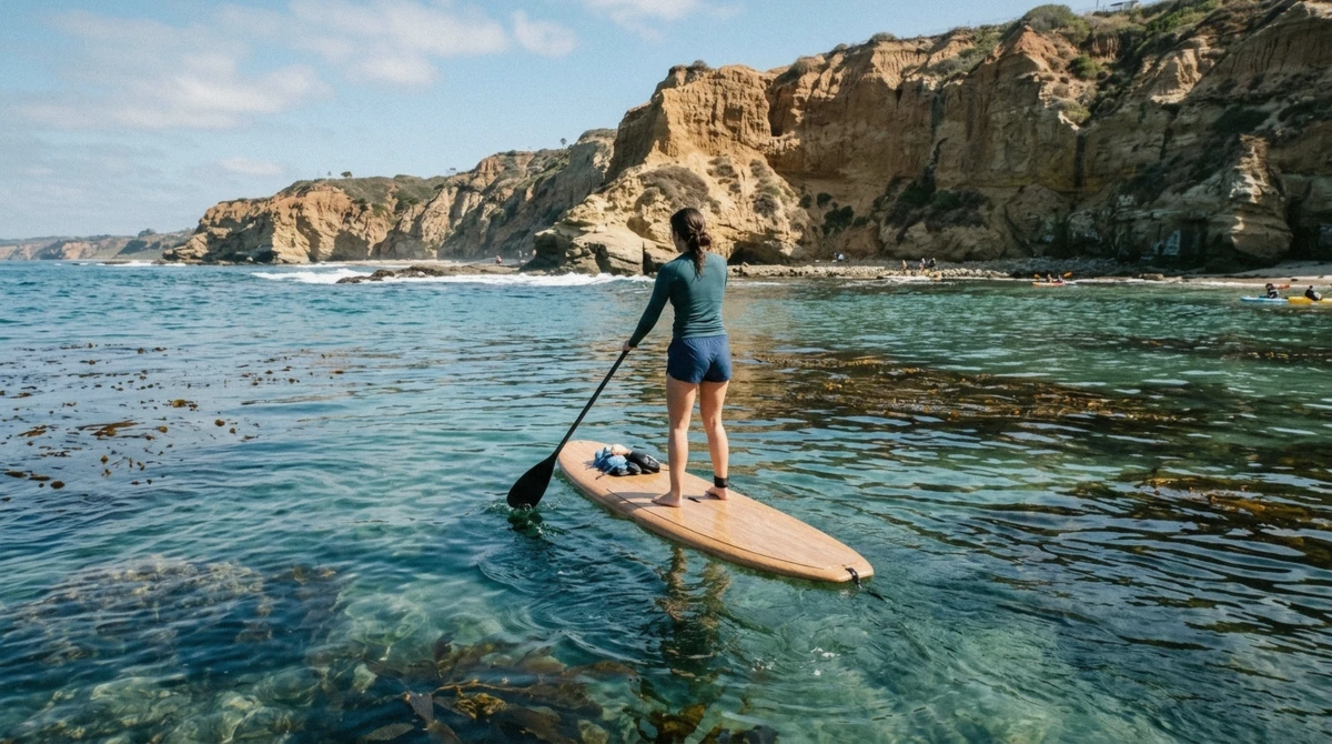A paddler on a stand-up paddleboard over the clear kelp water below the La Jolla cliffs on a La Jolla stand-up paddleboard rental