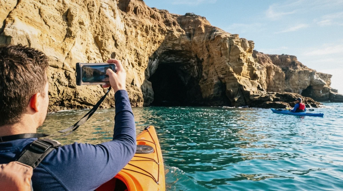 A kayaker's view into a sandstone sea cave entrance at La Jolla, one of the best photo spots for kayaking La Jolla