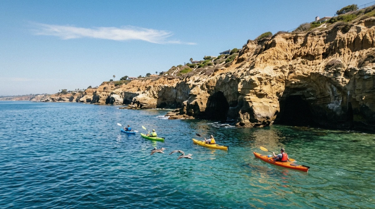 Kayakers paddling toward the sandstone sea cave cliffs at golden hour, the classic view behind this kayaking in La Jolla guide