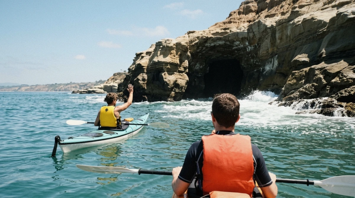 A guide checking a kayaker's life vest before a launch through the surf on a guided kayak tour in La Jolla, California