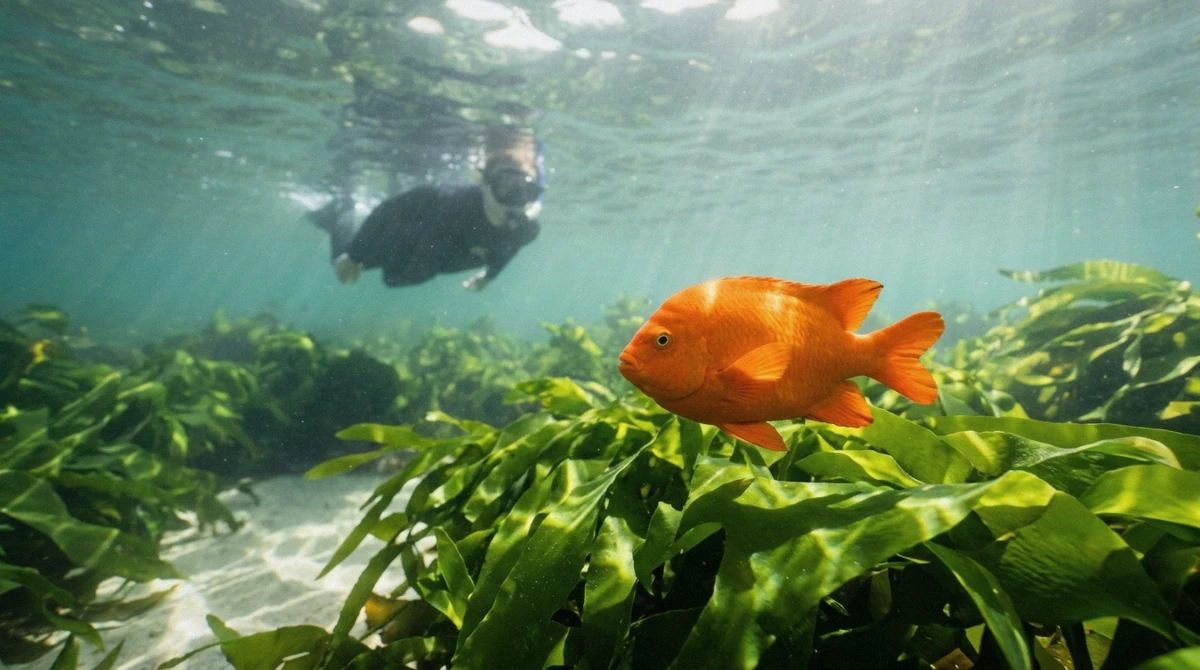 A snorkeler beside a bright orange garibaldi over the kelp on a La Jolla kayak and snorkel tour of the Ecological Reserve