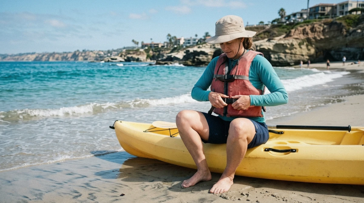 A kayaker adjusting a rash guard and pulling on water shoes before launching on a La Jolla kayak tour at the end of Avenida de la Playa