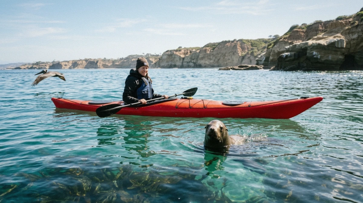 A California sea lion surfacing beside a kayak in the La Jolla Ecological Reserve, one of the most reliable wildlife sightings kayaking in La Jolla