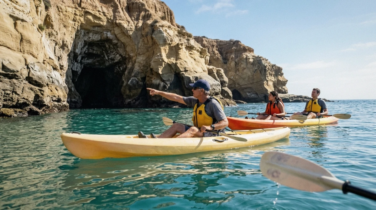 A kayaker paddling toward the sandstone sea cave openings on a La Jolla kayak tour, the real scene behind whether kayaking in La Jolla is worth it