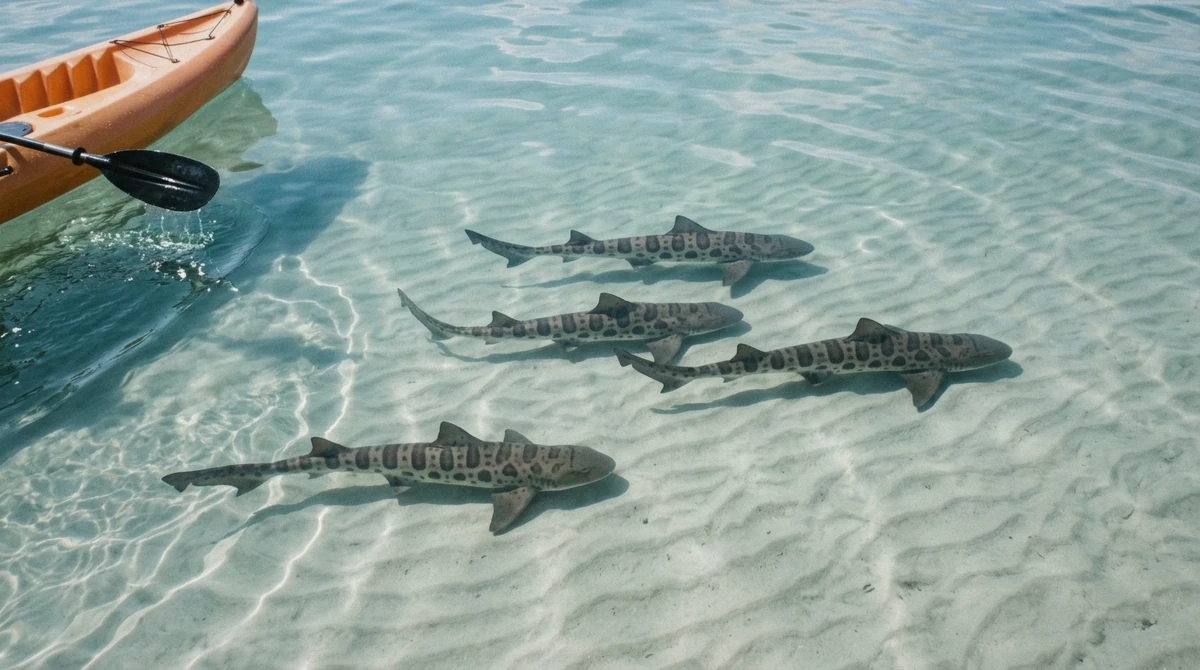 Leopard sharks swimming in the warm shallows beside a kayak on a La Jolla canoe and kayak tour in the Ecological Reserve, San Diego