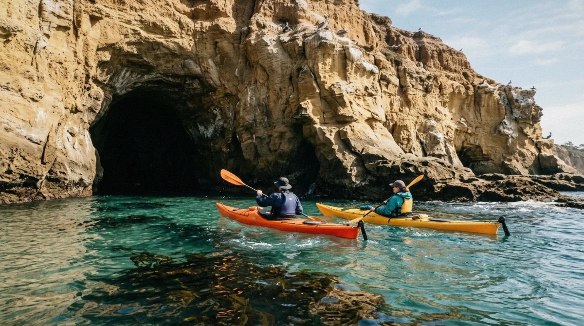 Kayakers paddling below the sandstone cliffs toward the Seven Sea Caves on a La Jolla canoe and kayak tour of the Ecological Reserve