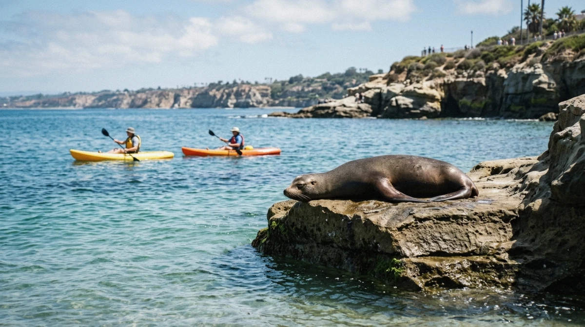 A sea lion resting on the rocks beside kayakers on a La Jolla canoe and kayak tour past La Jolla Cove, San Diego, California